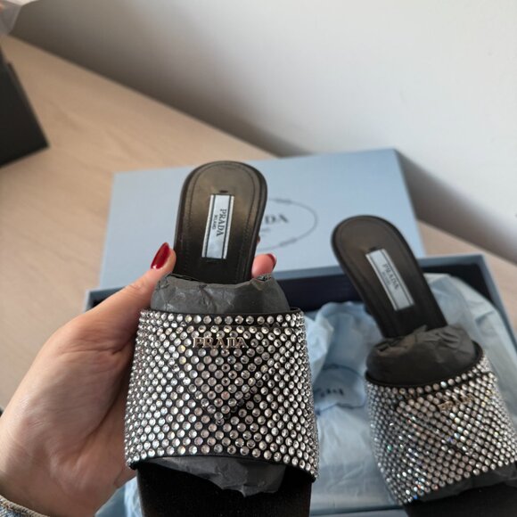 Prada Logo Slide Sandals Satin Crystal Embellished Kitten Heels Black - Picture 6 of 8